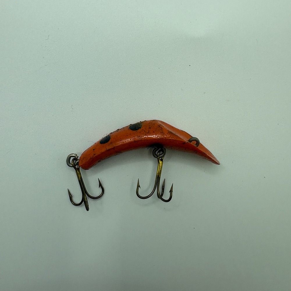 Vintage Wood Flatfish Fishing Lure Orange Black Spotted 2.5 Inch Treble Hooks